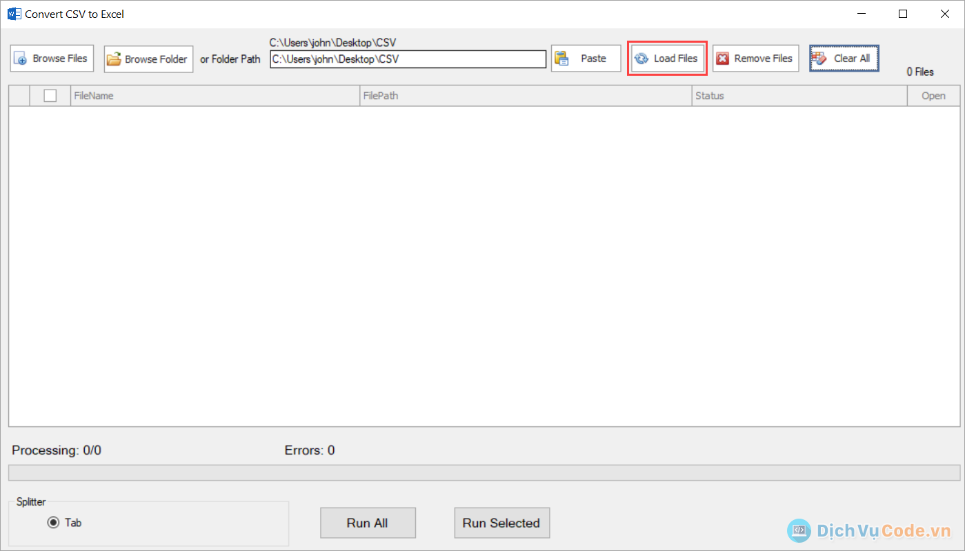 Nhấn Load Files để tiến hành tải file vào trong công cụ